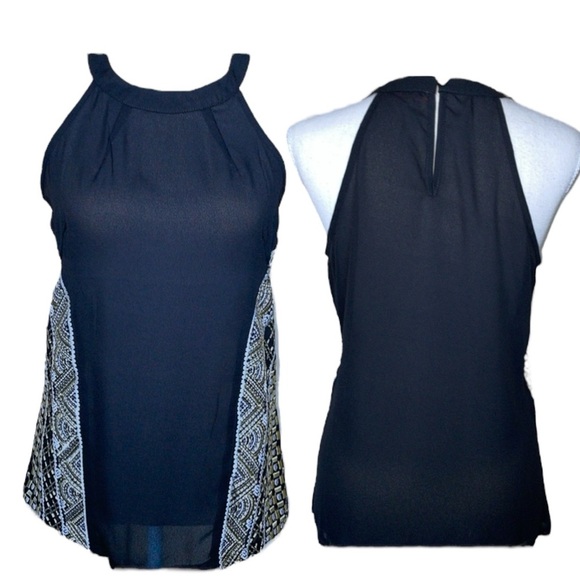 Lulumari Black Silky Halter Top Metallic Thread Embroidered Accent Panels Sz S - Picture 2 of 16